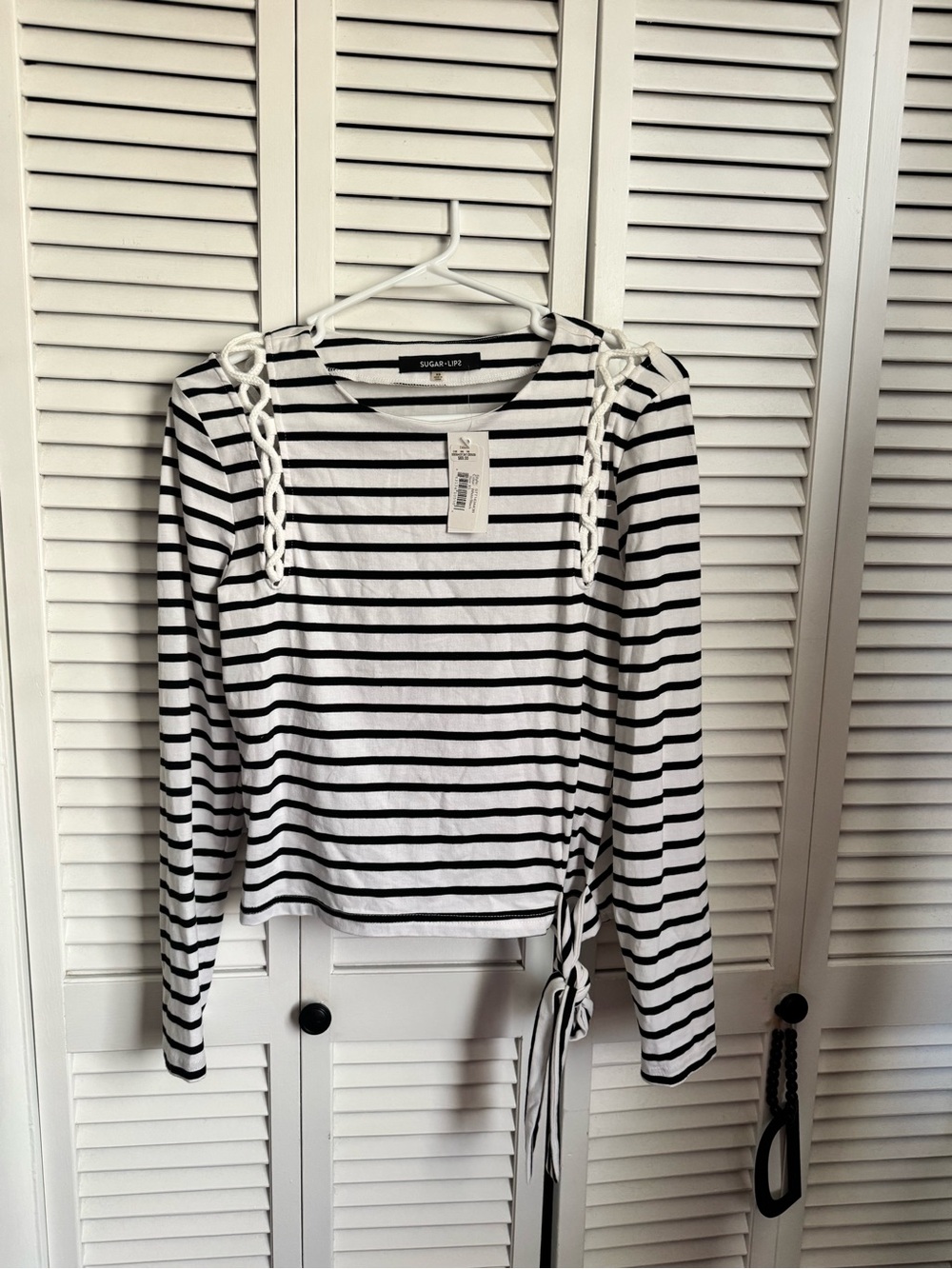 Sugarlips Black & White Striped Long Sleeve Top with Side Tie